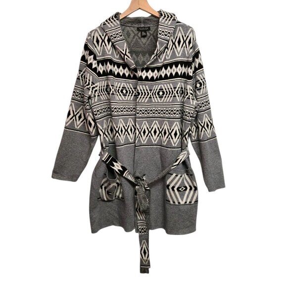 Rachel Zoe Womens Size 2X Gray Tribal Print Belted Wrap Cardigan Sweater Hooded - Picture 3 of 6